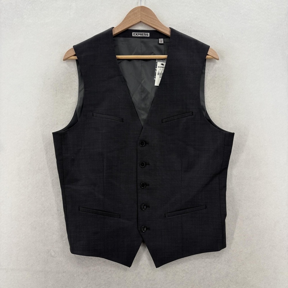 Express Suit Vest Mens Medium Gray Wool Stretch Lined Belted Back Formal NWT